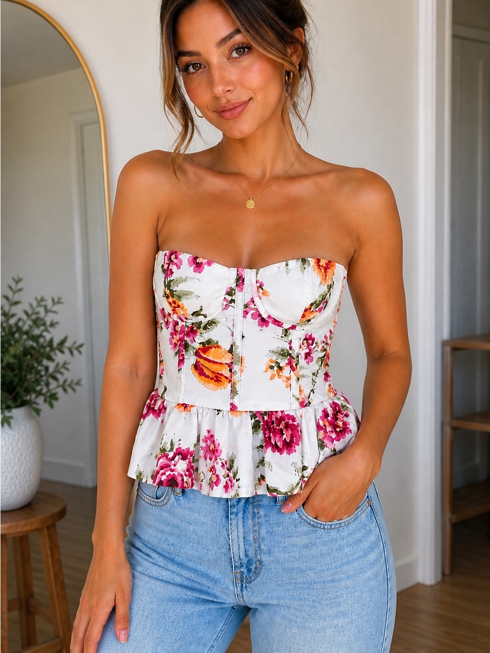 Floral Strapless Peplum Bustier Top - White/Pink sSize Small